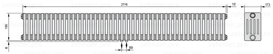 Схема (чертеж) Радиатор Zehnder Charleston 5019/46 №3470 Белый глянцевый RAL 9016